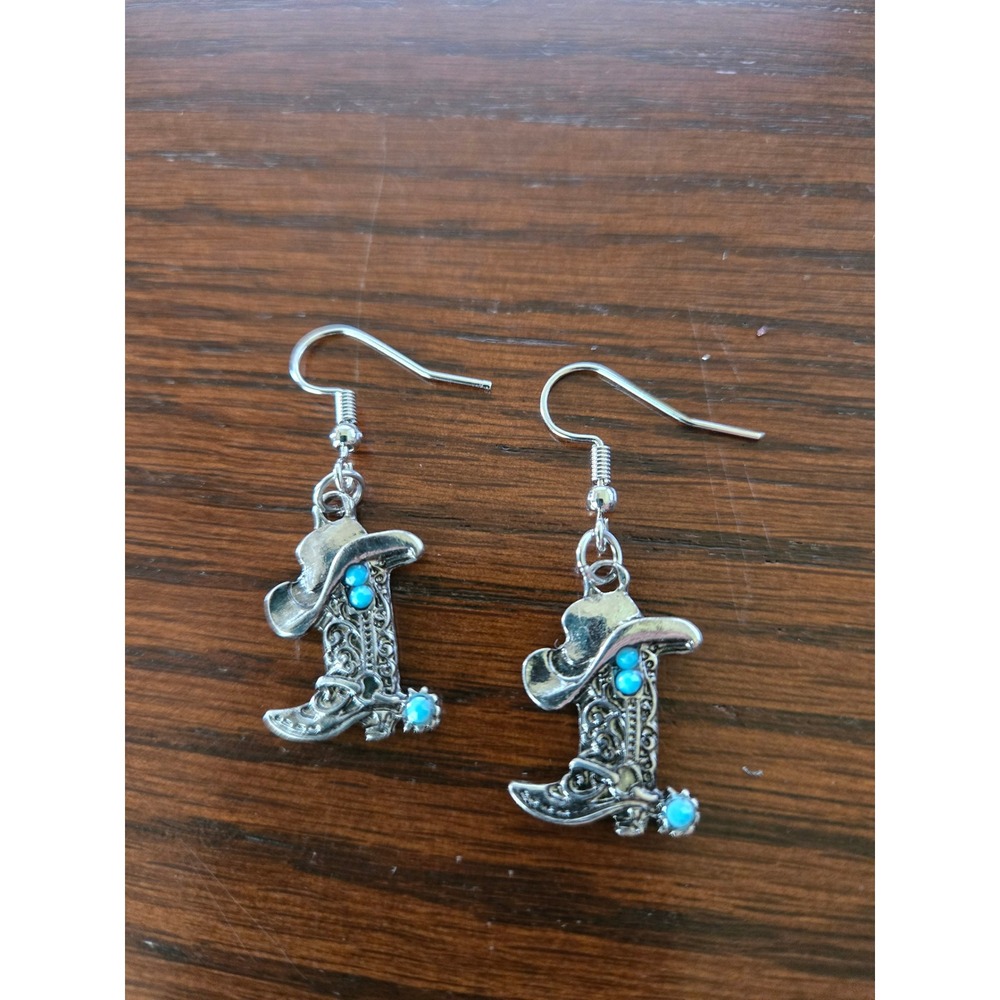Turquoise Cowgirl Boot Dangle Earrings Western Rodeo Jewelry - Picture 2 of 3